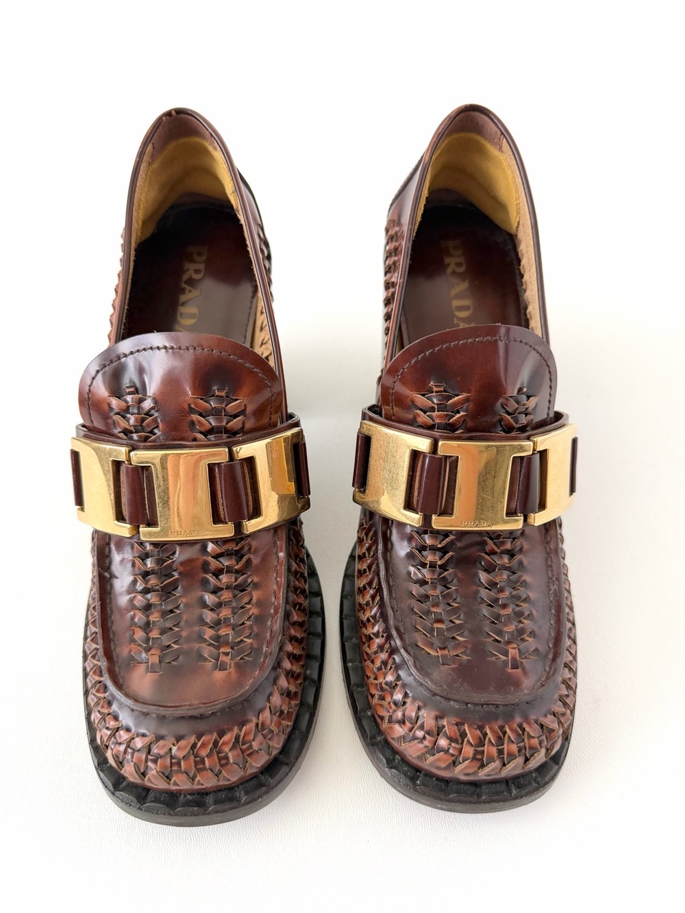 PRADA | Spring 2020 Runway Woven Leather
Block Heel Loafers Brown Gold Logo 40 - Picture 3 of 14